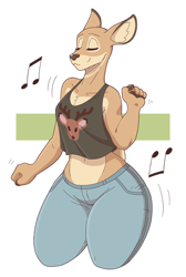 Size: 1296x1932 | Tagged: safe, artist:slightlysimian, oc, oc only, cervid, deer, mammal, anthro, unguligrade anthro, abstract background, bottomwear, chest fluff, clothes, crop top, dancing, doe, eyes closed, female, fluff, hooves, jeans, musical note, pants, smiling, solo, solo female, tank top, thick thighs, thighs, topwear, ungulate, wide hips
