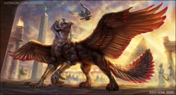 Size: 1280x689 | Tagged: safe, artist:red-izak, bird, bird of prey, falcon, feline, fictional species, gryphon, mammal, feral, ambient wildlife, ambiguous gender, duo focus, female, group, jewelry, obelisk, scroll, spread wings, wings