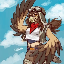 Size: 1280x1280 | Tagged: safe, artist:junkieboi, bird, bird of prey, eagle, anthro, bandanna, clothes, female, goggles, hat, salute, solo, solo female, wing hands