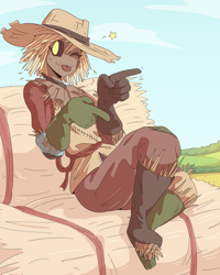 Size: 1310x1635 | Tagged: safe, artist:slightlysimian, oc, oc only, animate object, fictional species, humanoid, :p, boots, brown sclera, clothes, colored sclera, female, gloves, hair, hay bale, monster girl, one eye closed, patch (fabric), scarecrow, shoes, simple background, sitting, solo, solo female, straw hat, tongue, tongue out, winking, yellow eyes, yellow hair