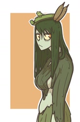 Size: 1154x1758 | Tagged: safe, artist:slightlysimian, oc, oc only, animate plant, dryad, fictional species, nymph, humanoid, algae, cattail, colored sclera, eleionomae, female, green hair, green skin, hair, lilypad, long hair, looking sideways, monster girl, naiad, orange eyes, simple background, skin, solo, solo female, water, white background, yellow sclera