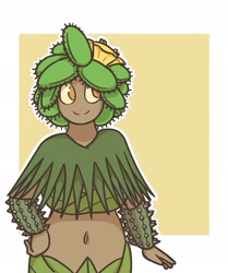 Size: 1605x1919 | Tagged: safe, artist:slightlysimian, oc, oc only, animate plant, dryad, fictional species, mammal, humanoid, abstract background, belly button, bracers, cactus, colored sclera, female, flower, flower in hair, hair, hair accessory, hand on hip, orange eyes, plant, solo, solo female, yellow sclera