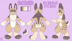 Size: 1280x730 | Tagged: safe, artist:enjoipandas, oc, oc only, oc:rabid (rabidrabbit56), lagomorph, mammal, rabbit, anthro, digitigrade anthro, 2015, brown body, brown fur, cheek fluff, claws, color palette, digital art, disembodied tail, ear fluff, featureless crotch, fluff, front view, fur, long ears, male, open mouth, paws, pink background, purple eyes, rear view, reference sheet, side view, simple background, smiling, solo, solo male, standing, tail, tan body, tan fur, teeth