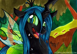 Size: 1600x1135 | Tagged: safe, artist:julunis14, queen chrysalis (mlp), arthropod, changeling, changeling queen, equine, fictional species, mammal, pony, feral, friendship is magic, hasbro, my little pony, 2019, crazy, derp, fangs, female, insect wings, jagged horn, open mouth, sharp teeth, signature, teeth, traditional art, wings