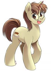 Size: 1000x1398 | Tagged: safe, artist:myufish, oc, oc only, equine, fictional species, mammal, pony, unicorn, feral, friendship is magic, hasbro, my little pony, 2020, brown eyes, brown hair, brown mane, commission, glasses, hair, happy, horn, male, mane, open mouth, round glasses, signature, simple background, solo, solo male, stallion, tail, white background