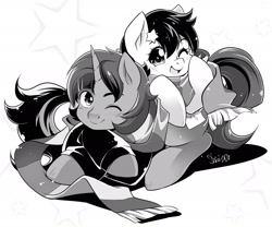 Size: 1888x1568 | Tagged: safe, artist:myufish, oc, oc only, earth pony, equine, fictional species, mammal, pony, unicorn, feral, friendship is magic, hasbro, my little pony, 2020, black and white, commission, duo, female, grayscale, horn, male, mare, monochrome, signature, stallion, tail