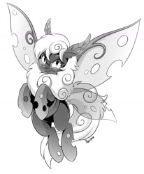 Size: 1196x1454 | Tagged: safe, artist:myufish, arthropod, equine, fictional species, insect, mammal, moth, moth pony, pony, feral, friendship is magic, hasbro, my little pony, 2020, black and white, commission, female, fluff, glasses, grayscale, insect wings, mare, monochrome, signature, simple background, solo, solo female, tail, white background, wings