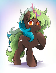 Size: 1224x1584 | Tagged: safe, artist:myufish, equine, fictional species, mammal, pony, unicorn, feral, friendship is magic, hasbro, my little pony, 2020, commission, female, hair, horn, mare, multicolored hair, multicolored mane, signature, smiling, solo, solo female, tail