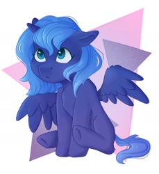 Size: 1516x1654 | Tagged: safe, artist:lunart19, princess luna (mlp), alicorn, equine, fictional species, mammal, pony, feral, friendship is magic, hasbro, my little pony, 2020, feathered wings, feathers, female, filly, foal, horn, sitting, solo, solo female, tail, wings, young