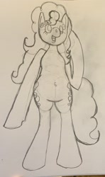 Size: 1210x2048 | Tagged: safe, artist:doodlesdraws, pinkie pie (mlp), earth pony, equine, fictional species, mammal, pony, semi-anthro, friendship is magic, hasbro, my little pony, 2020, belly button, black and white, female, grayscale, mare, monochrome, simple background, solo, solo female, tail, traditional art, white background