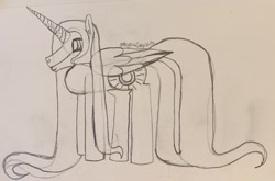 Size: 1865x1229 | Tagged: safe, artist:doodlesdraws, princess celestia (mlp), alicorn, equine, fictional species, mammal, pony, feral, friendship is magic, hasbro, my little pony, 2020, black and white, feathered wings, feathers, female, folded wings, grayscale, hair, horn, long hair, mare, monochrome, signature, simple background, smiling, solo, solo female, tail, traditional art, white background, wings