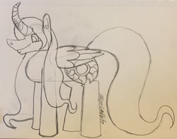 Size: 2048x1610 | Tagged: safe, artist:doodlesdraws, princess celestia (mlp), alicorn, equine, fictional species, mammal, pony, feral, friendship is magic, hasbro, my little pony, 2020, black and white, curved horn, feathered wings, feathers, female, folded wings, grayscale, horn, mare, monochrome, signature, simple background, smiling, solo, solo female, tail, traditional art, white background, wings