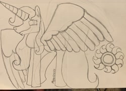 Size: 2048x1490 | Tagged: safe, artist:doodlesdraws, princess celestia (mlp), alicorn, equine, fictional species, mammal, pony, feral, friendship is magic, hasbro, my little pony, 2020, black and white, cutie mark, feathered wings, feathers, female, grayscale, horn, mare, monochrome, signature, simple background, smiling, solo, solo female, spread wings, tail, traditional art, white background, wings