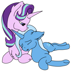Size: 600x600 | Tagged: safe, artist:tunrae, starlight glimmer (mlp), trixie (mlp), equine, fictional species, mammal, pony, unicorn, feral, friendship is magic, hasbro, my little pony, cute, female, female/female, flat colors, kissing, lying down, shipping, simple background, startrix (mlp), transparent background