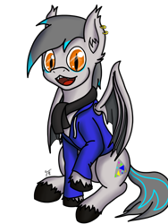 Size: 1500x2000 | Tagged: safe, artist:tunrae, oc, bat pony, equine, fictional species, mammal, pony, feral, friendship is magic, hasbro, my little pony, clothes, fangs, happy, hoodie, scarf, sharp teeth, simple background, sitting, slit pupils, smiling, solo, teeth, topwear, transparent background