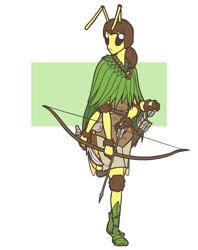 Size: 1385x1750 | Tagged: safe, artist:slightlysimian, oc, oc only, arthropod, bee, insect, anthro, ambiguous gender, archer, arrow, belt, bottomwear, bow (weapon), brown hair, clothes, commission, hair, jewelry, knife, leaf, multiple arms, necklace, pants, ponytail, quiver, shoes, simple background, solo, solo ambiguous, tunic, weapon, white background
