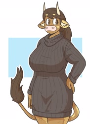 Size: 1487x2037 | Tagged: safe, artist:slightlysimian, oc, oc only, oc:molly (slightlysimian), bovid, cattle, cow, mammal, anthro, abstract background, beanbrows, big breasts, breasts, brown body, brown eyes, brown fur, brown hair, clothes, female, fur, hair, hand on hip, horns, looking sideways, simple background, solo, solo female, sweater, sweater dress, tail, topwear, white background