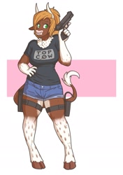 Size: 1349x1917 | Tagged: safe, artist:slightlysimian, oc, oc only, bovid, cattle, cow, mammal, anthro, unguligrade anthro, abstract background, bottomwear, brown body, brown fur, clothes, commission, female, fluff, fur, green eyes, gun, hair, hand on hip, handgun, holster, hooves, horns, looking at you, neck fluff, nose piercing, nose ring, piercing, pistol, shirt, shorts, smiling, solo, solo female, t-shirt, tan hair, three-quarter view, topwear, trigger discipline, weapon, white body, white fur