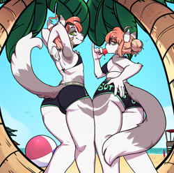 Size: 1800x1785 | Tagged: species needed, suggestive, artist:phallusbro, anthro, ball, beach, beach ball, bottomwear, bra, breasts, bulge, butt, clothes, commission, commissioner:drivebykissu, duo, female, fur, gray body, gray fur, green eyes, hair, hands, looking at you, looking back, looking back at you, male, ocean, orange hair, palm tree, short shorts, shorts, sky, text, tree, underwear, water, white body, white fur