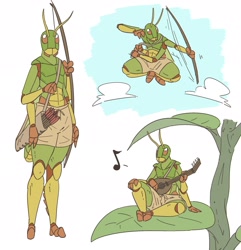 Size: 1981x2056 | Tagged: safe, artist:slightlysimian, oc, oc only, arthropod, grasshopper, insect, anthro, action pose, antennae, arrow, bottomwear, bow (weapon), clothes, jumping, leaf, lute, male, mandibles, micro, musical note, pants, playing musical instrument, quiver, simple background, solo, solo male, topless, weapon