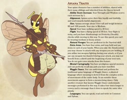 Size: 1272x1002 | Tagged: safe, artist:slightlysimian, oc, oc only, arthropod, bee, insect, anthro, dungeons & dragons, antennae, apiana, armor, belt, boots, bottomwear, brown hair, clothes, female, flat chest, fluff, flying, guard, hair, multiple arms, pants, shoes, simple background, solo, solo female, spear, sword, tan background, text, weapon