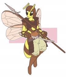Size: 2024x2340 | Tagged: safe, artist:slightlysimian, oc, oc only, arthropod, bee, insect, anthro, abstract background, antennae, apiana, armor, belt, boots, bottomwear, brown hair, clothes, female, flat chest, fluff, flying, guard, hair, high res, multiple arms, pants, shoes, simple background, solo, solo female, spear, sword, weapon