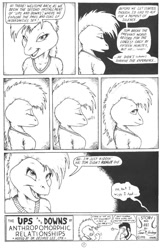 Size: 768x1200 | Tagged: suggestive, artist:james m hardiman, oc, oc:desiree (james m hardiman), oc:jim (james m hardiman), chameleon, human, lizard, mammal, reptile, anthro, comic:the ups and downs of anthropomorphic relationships, comic:the ups and downs of anthropomorphic relationships part 2, 1998, 20th century, black and white, comic, dialogue, facepalm, female, grayscale, male, monochrome, simple background, speech bubble, talking, text, traditional art, white background