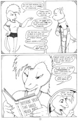 Size: 762x1188 | Tagged: safe, artist:james m hardiman, oc, oc:desiree (james m hardiman), oc:tom (james m hardiman), cat, chameleon, feline, lizard, mammal, reptile, anthro, comic:the ups and downs of anthropomorphic relationships, comic:the ups and downs of anthropomorphic relationships part 2, 1998, 20th century, bandages, black and white, book, claws, comic, crutches, dialogue, female, grayscale, male, monochrome, reading, simple background, speech bubble, tail, talking, traditional art, white background