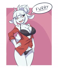 Size: 2100x2550 | Tagged: suggestive, artist:ambris, lucifer (helltaker), bovid, goat, mammal, anthro, helltaker, 2020, abstract background, black underwear, border, bra, breasts, chest fluff, cleavage, clothes, dialogue, female, fluff, fur, furry fandom, goat lucifer, hair, hand on hip, head tilt, high res, horn, i'm not a furry but, lingerie, looking at you, open mouth, panties, red eyes, shirt, solo, solo female, species swap, speech bubble, tail, talking, talking to viewer, topwear, underwear, white body, white border, white fur, white hair