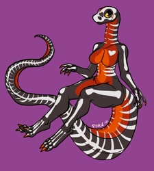 Size: 1000x1111 | Tagged: safe, artist:fivel, reptile, snake, anthro, black scales, body paint, bone, breasts, featureless breasts, female, magenta background, paint, red scales, scales, skeleton, solo, solo female