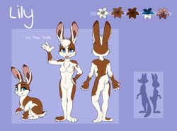 Size: 1024x763 | Tagged: safe, artist:skeleion, oc, oc only, oc:lily (ralenfox), lagomorph, mammal, rabbit, anthro, feral, plantigrade anthro, 2016, abstract background, arm fluff, blue eyes, breasts, brown body, brown fur, butt, character name, cheek fluff, chest fluff, claws, color palette, colored pupils, complete nudity, digital art, duality, eyelashes, featureless breasts, featureless crotch, female, fluff, front view, fur, hair, hand on hip, long ears, looking at you, nudity, paws, pink skin, raised hand, raised leg, rear view, reference sheet, short tail, side view, silhouette, skin, solo, solo female, tail, tongue, tongue out, underpaw, white hair