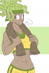 Size: 1244x1841 | Tagged: safe, artist:slightlysimian, oc, oc only, fictional species, gorgon, mammal, reptile, snake, feral, humanoid, :<, abs, abstract background, adonis belt, adorasexy, amazon, athletic, athletic female, bandanna, belly button, biceps, blushing, bottomwear, breasts, breath, brown skin, clothes, cute, dark skin, female, frowning, holding object, looking at you, looking sideways, midriff, muscles, muscular female, pink eyes, pointy ears, purple eyes, sexy, shorts, skin, small breasts, smiling, smiling at you, snake hair, snek, solo, solo female, sports bra, steam, sweat, topwear, towel, towel around neck, wide hips, workout clothes