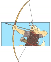 Size: 1297x1572 | Tagged: safe, artist:slightlysimian, oc, oc only, bovid, fictional species, mammal, minotaur, anthro, abstract background, action pose, aiming, armor, arrow, belt, blonde hair, bow (weapon), bust, clothes, fur, hair, horns, male, ponytail, profile, scar, side view, solo, solo male, sword, tan body, tan fur, topwear, weapon