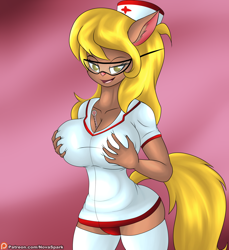 Size: 2200x2400 | Tagged: suggestive, artist:novaspark, callie brigs (swat kats), feline, mammal, anthro, cc by-nc-nd, creative commons, hanna-barbera, swat kats, 2020, breast grab, breasts, clothes, explicit source, female, glasses, hat, high res, legwear, nurse, nurse hat, nurse outfit, panties, self grope, solo, solo female, stockings, thermometer, underwear