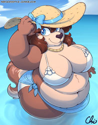 Size: 825x1050 | Tagged: suggestive, artist:nekocrispy, part of a set, oc, oc only, oc:mary blissany, canine, dog, mammal, anthro, art pack:mary and friends swimsuit artpack, 2020, art pack, big breasts, blue eyes, breasts, brown body, brown fur, clothes, fat, female, fur, hat, jewelry, looking at you, necklace, obese, smiling, solo, solo female, sun hat, swimsuit, water