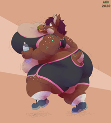 Size: 1800x2000 | Tagged: suggestive, artist:arkveveen, oc, oc only, cervid, deer, mammal, anthro, plantigrade anthro, 2020, bottle, bottomwear, bouncing breasts, breasts, brown body, brown fur, burger, cheese, clothes, commission, dairy products, ear piercing, earring, eating, fat, fat fetish, female, food, fur, green eyes, huge breasts, hyper, jogging, lettuce, meat, morbidly obese, obese, piercing, shoes, shorts, side view, sneakers, socks, solo, solo female, vegetables, workout, workout clothes