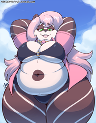 Size: 825x1050 | Tagged: suggestive, artist:nekocrispy, part of a set, oc, oc only, oc:alia (nekocrispy), bear, mammal, panda, anthro, art pack:mary and friends swimsuit artpack, 2020, belly button, big breasts, breasts, clothes, fat, female, green eyes, lidded eyes, looking at you, overweight, shirt, smiling, solo, solo female, swimsuit, topwear, wide hips