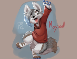 Size: 2679x2052 | Tagged: safe, artist:reign-2004, oc, oc only, oc:maxwell (reign-2004), canine, mammal, wolf, anthro, digitigrade anthro, 2016, abstract background, blue paw pads, chest fluff, clothes, fluff, fur, glasses, gray body, gray fur, high res, hoodie, male, open mouth, paw pads, paws, smiling, solo, solo male, topwear