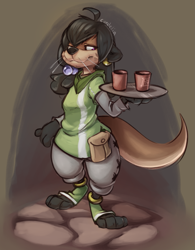 Size: 1781x2286 | Tagged: safe, artist:reign-2004, oc, oc only, mammal, mustelid, otter, anthro, digitigrade anthro, 2016, bottomwear, clothes, cup, ear piercing, earring, female, legwear, lidded eyes, pants, paws, piercing, shirt, smiling, solo, solo female, topwear