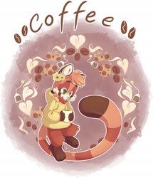 Size: 2048x2381 | Tagged: safe, artist:cutepencilcase, oc, oc only, mammal, red panda, anthro, digitigrade anthro, 2020, abstract background, ambiguous gender, clothes, coffee, colored pupils, drink, green eyes, heart, high res, hoodie, mug, smiling, solo, solo ambiguous, topwear