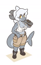 Size: 1192x1865 | Tagged: safe, artist:slightlysimian, oc, oc only, fish, shark, anthro, 2018, abstract background, bandaid, belt, boots, bottomwear, breasts, cargo pants, cleavage, clothes, crop top, female, fins, fish tail, gloves, gray skin, hair, hand on hip, holding object, looking at you, shark tail, shoes, short, shorts, simple background, skin, solo, solo female, tail, tank top, topwear, white background, white hair, wrench, yellow eyes