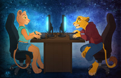 Size: 1300x841 | Tagged: safe, artist:dolphiana, nala (the lion king), simba (the lion king), big cat, feline, lion, mammal, anthro, digitigrade anthro, disney, the lion king, abstract background, blue eyes, bottomwear, bracelet, brown paw pads, chair, cheek fluff, clothes, colored sclera, computer, computer mouse, digital art, duo, ear fluff, female, fluff, fur, glowing, gritted teeth, head fluff, hoodie, jewelry, keyboard, leonine tail, male, nervous, orange body, orange fur, pants, paw pads, paws, shirt, side view, sitting, smiling, sweat, tail, teeth, topwear, whiskers, yellow body, yellow fur, yellow sclera, young