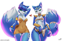 Size: 6752x4426 | Tagged: suggestive, alternate version, artist:oughta, krystal (star fox), canine, fictional species, fox, mammal, anthro, nintendo, rareware, star fox, 2018, absurd resolution, areola, bedroom eyes, black nose, blue body, blue fur, blue hair, bracelet, breasts, butt, cameltoe, cleavage, clothes, collar, dinosaur planet, dipstick tail, duo, duo female, ear fluff, eyebrows, eyelashes, female, fluff, fur, gold, green eyes, hair, hair accessory, hand behind head, hand on hip, head tilt, heart, jewelry, krystal (dinosaur planet), lidded eyes, loincloth, love heart, necklace, open mouth, panties, self paradox, short hair, shoulder pads, signature, simple background, smiling, tail, tail band, tail fluff, thigh gap, tongue, tongue out, tribal markings, underass, underwear, vixen, vixon, watermark, white background, white body, white fur, wide hips