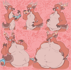 Size: 1491x1470 | Tagged: suggestive, artist:dogburger, oc, oc only, cervid, deer, mammal, reindeer, anthro, 2020, blushing, doughnut, eating, fat, fat fetish, food, hyper, lidded eyes, male, morbidly obese, obese, weight gain