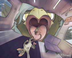 Size: 2500x2000 | Tagged: suggestive, artist:vraze, bird, feline, fictional species, gryphon, mammal, mouse, rodent, semi-anthro, ambiguous gender, beak, bust, destruction, gritted teeth, group, high res, imminent vore, macro, mawshot, open beak, open mouth, saliva, subway, teeth, trio