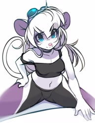 Size: 2550x3300 | Tagged: safe, artist:tsampikos, mammal, mouse, rodent, anthro, 2020, belly button, blushing, breasts, clothes, crop top, digital art, exercise, female, goggles, goggles on head, high res, looking at you, midriff, murine, pants, smiling, solo, solo female, tank top, teal eyes, tight clothing, topwear, yoga pants