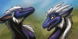 Size: 1280x640 | Tagged: safe, artist:zambuka, dragon, fictional species, feral, bust, duo, female, open mouth, portrait