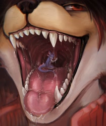 Size: 1811x2160 | Tagged: suggestive, artist:qingbai, canine, dragon, fictional species, fox, mammal, reptile, scaled dragon, anthro, feral, clothes, duo, male, mawplay, micro, oral vore, saliva, sharp teeth, size difference, teeth, tongue, tongue out, uvula, vore