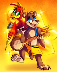 Size: 1019x1280 | Tagged: safe, artist:plaguedogs123, banjo (banjo-kazooie), kazooie (banjo-kazooie), bear, bird, breegull, fictional species, mammal, red crested breegull, anthro, feral, banjo-kazooie, rareware, backpack, banjo, duo, female, jiggy, male, paw pads, paws