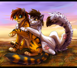 Size: 941x835 | Tagged: safe, artist:ketty, oc:ketty, big cat, feline, mammal, snow leopard, tiger, feral, blue eyes, brown eyes, duo, duo female, female, females only, paw pads, paws, underpaw